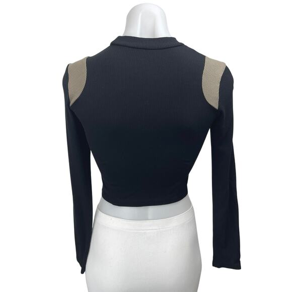 Commence Women's Black Rib Knit High Neck Long Sleeve Crop Shirt Sweater Top S - Picture 2 of 4